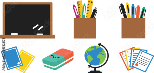 School Classroom Supplies Illustration Set Featuring Chalkboard, Globe, Stationery Holders, Books, Papers and Cute Eraser for Education Design