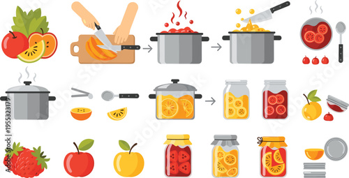 Fruit jam making process with cooking steps cutting boiling preserving jars homemade food preparation cartoon vector illustration set