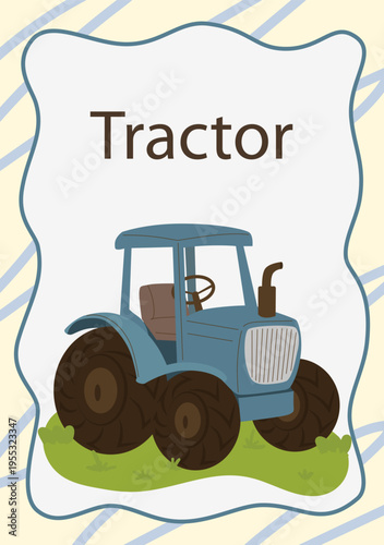 Blue cartoon tractor standing on green grass. Flat vector illustration for children education, farm transport collection, and machinery book. Isolated on white background.
