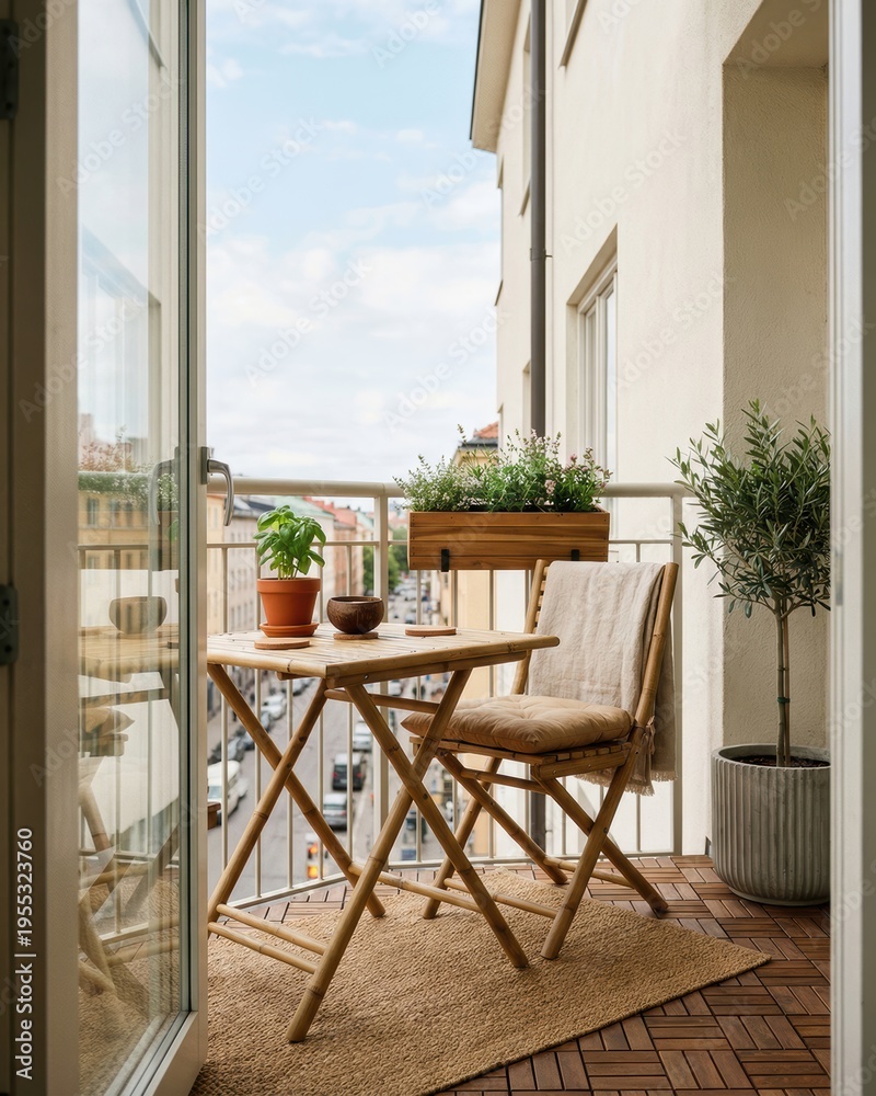 Fototapeta premium Small urban balcony with bamboo folding furniture potted herb garden and city street view
