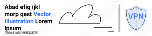 Cloud storage, VPN security, internet privacy, secure access, data protection, technology integration. Minimalist cloud symbol, pencil and shield with VPN text. VPN security and cloud storage