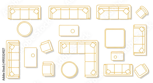 Living Room Furniture Top View Vector Collection – Interior Layout Icons Yellow Outline Set