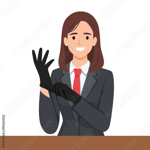 Female Detective Wearing Gloves Preparing for Investigation. Flat vector illustration isolated on white background