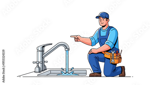 Plumber fixing leaking faucet.