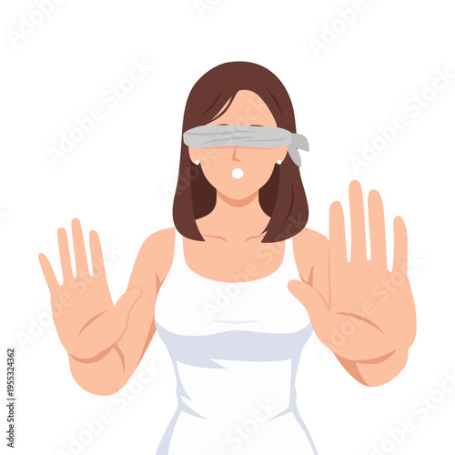 Blindfolded Woman Feeling Uncertainty and Lack of Awareness Concept. Flat vector illustration isolated on white background