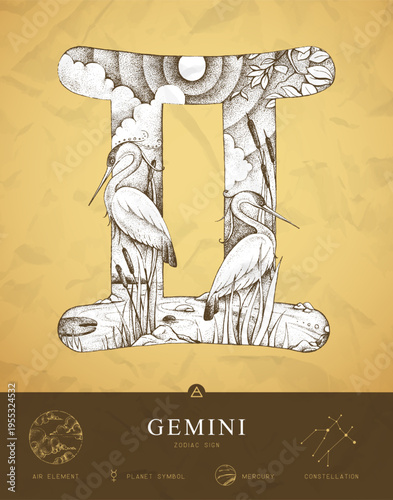 Modern magic witchcraft card with astrology Gemini zodiac sign characteristic. Hand drawing art product. Vector illustration