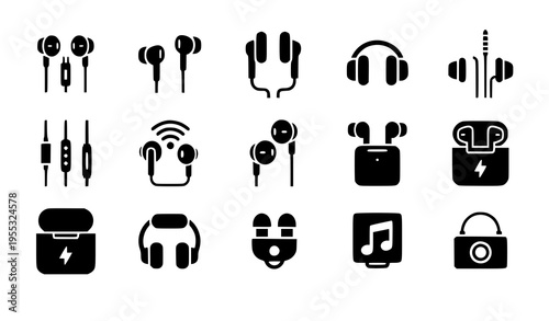 Earphone earbuds silhouette icons audio headphone vector set