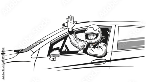 Racing Driver Waving From Car.