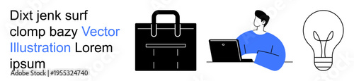 Technology, innovation, business solutions, creativity, remote work, communication. A laptop user, a briefcase a light bulb and abstract text design. Innovation and business solutions concept