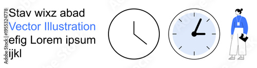 Time management, productivity, scheduling, office tasks, organization, project planning. Two clocks time, and a person holding documents. Time management and productivity