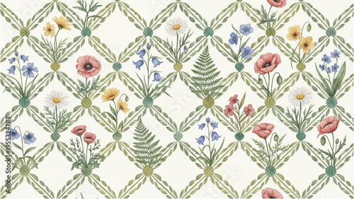 Vibrant floral pattern showcases colorful flowers and lush green leaves in an intricate design on a white background.