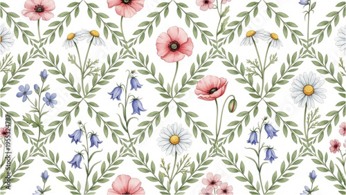 Vibrant floral pattern with pink poppies, blue flowers, and green leaves on white background
