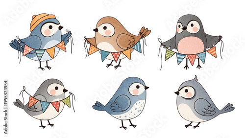 Colorful birds celebrate with bunting in festive outdoor setting