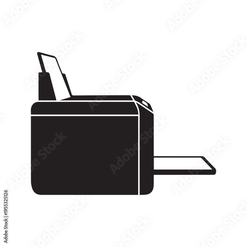 Simple vector illustration of a printer and computer with a business briefcase and document icons in a clean black design