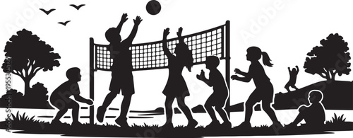 children playing a volleyball game outdoors silhouette vector illustration