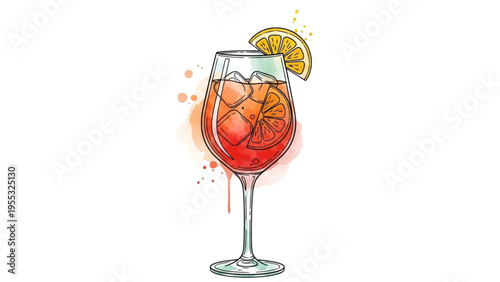 A refreshing glass of drink with orange slice and ice cubes on a table