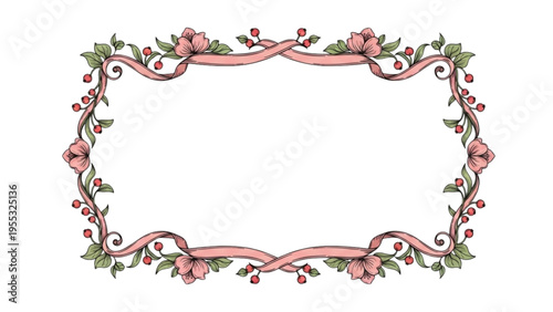 A beautiful floral border with pink flowers and green leaves surrounds a blank space on white.