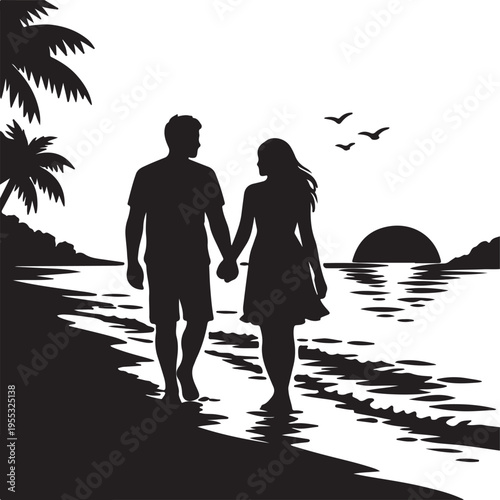couple holding hands while walking along a beach silhouette vector illustration