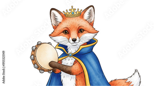 A cartoon fox wearing a blue cape and crown plays a tambourine musically.