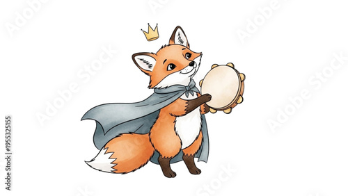 A cartoon fox wearing a cape and crown plays a tambourine outdoors