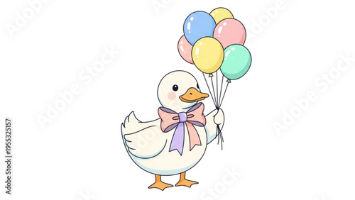 A cute duck holds colorful balloons in a joyful outdoor scene with a bow.
