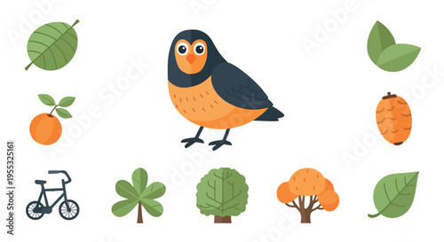 Cute Cartoon Bird with Green Leaves, Orange Fruit, and Trees Vector Set