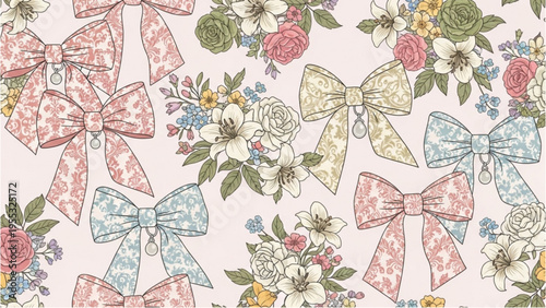Vibrant floral pattern with colorful bows and roses on a pink background