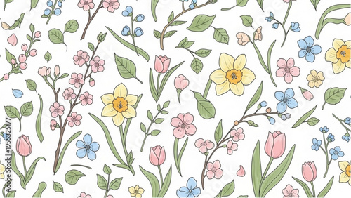 Vibrant spring flowers bloom in a lush garden landscape with green leaves and colorful blossoms.