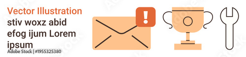 Communication systems, achievement recognition, technical assistance, notifications, problem-solving, teamwork collaboration. Envelope with notification, trophy and wrench icons. Communication