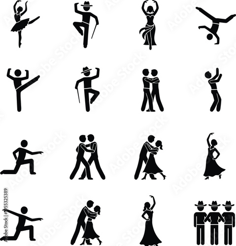 Dance Style Stick Figure Icons Ballet Jazz Tango Ballroom Vector Set