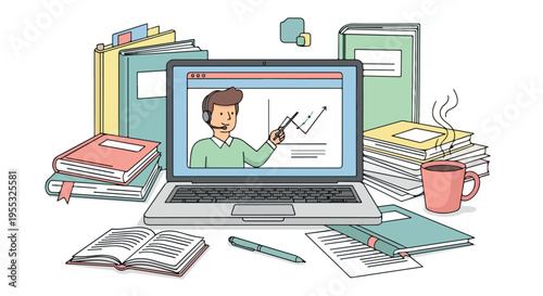 Online education concept with laptop and books, e-learning webinar illustration, digital classroom and distance learning vector art