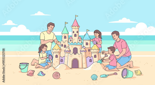 Family Building Sandcastle on Beach