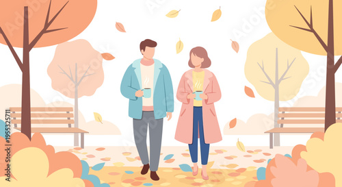 Couple Walking in Autumn Park with Leaves Falling