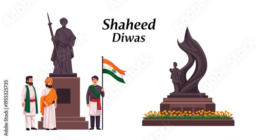 Illustration of people paying tribute to martyrs on Shaheed Diwas with statues and Indian flag, conveying patriotism and remembrance.
