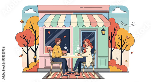 Café Scene with Couple Outdoor Window Shop Autumn