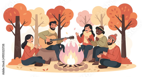 Friends Gathering Around Campfire in Autumn Forest