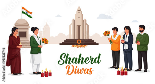 Illustration of people paying tribute to martyrs on Shaheed Diwas with a monument and cityscape in the background, conveying a patriotic mood with warm tones.