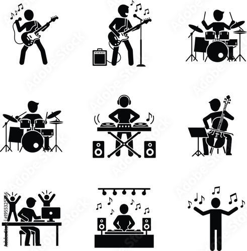 Music Stick Figure Icons Vector Set Musicians and DJ Performance Silhouettes