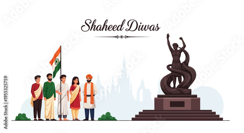 Illustration of people standing with Indian flag and statue on Shaheed Diwas, Martyrs Day India, paying tribute to freedom fighters with patriotic theme.