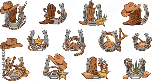 Western Horseshoe Icon Set with Cowboy Hats Boots Ropes and Rustic Elements for Wild West Design Country Style Branding and Vintage Illustration