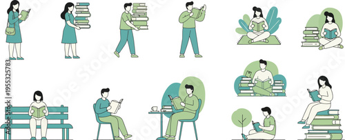 People Reading Books Vector Illustration Set – Study and Relaxation Scenes