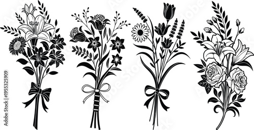 Vintage floral bouquets with ribbons illustration