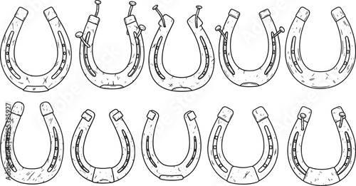 Horseshoe Doodle Set with Hand Drawn Lucky Symbols Vintage Rustic Western Elements for Good Luck Concept Tattoo Design