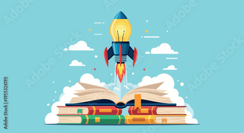 Creative rocket launch from open book, light bulb spaceship taking off from library books, education and innovation concept vector illustration