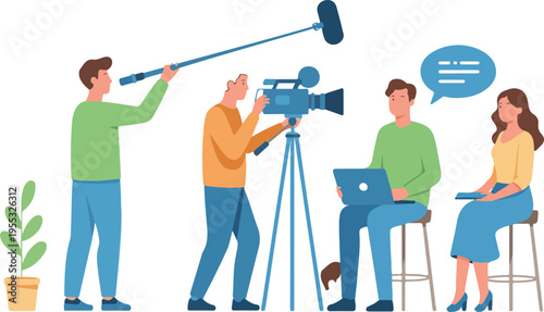 Professional television film crew with camera man and sound engineer recording interview with guest in studio flat vector illustration.