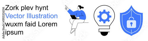 Cybersecurity, online privacy, tech innovation, secure communication, creativity, development. Person working on a laptop, lightbulb with gear shield lock icon. Cybersecurity and online privacy