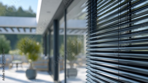 Exterior venetian blinds providing sun protection for a modern house with a glass facade and terrace