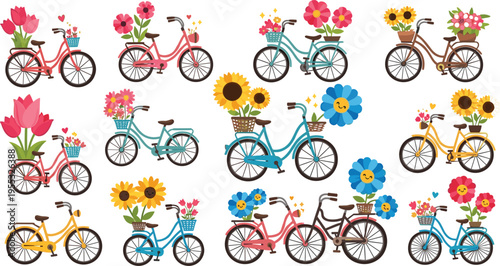 Vintage Bicycle with Flower Basket Collection Colorful Floral Bikes Romantic Spring Illustration