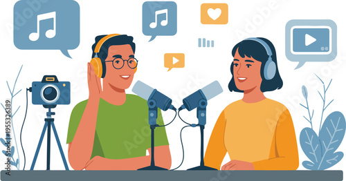 Happy tourists taking a selfie in front of a giant blue airplane with travel suitcases and world map icons flat vector illustration.