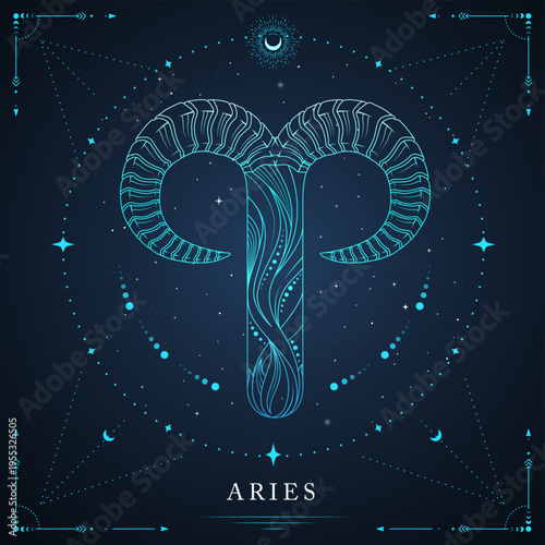 Modern magic witchcraft card with astrology Aries zodiac sign on space background. Line art vector illustration